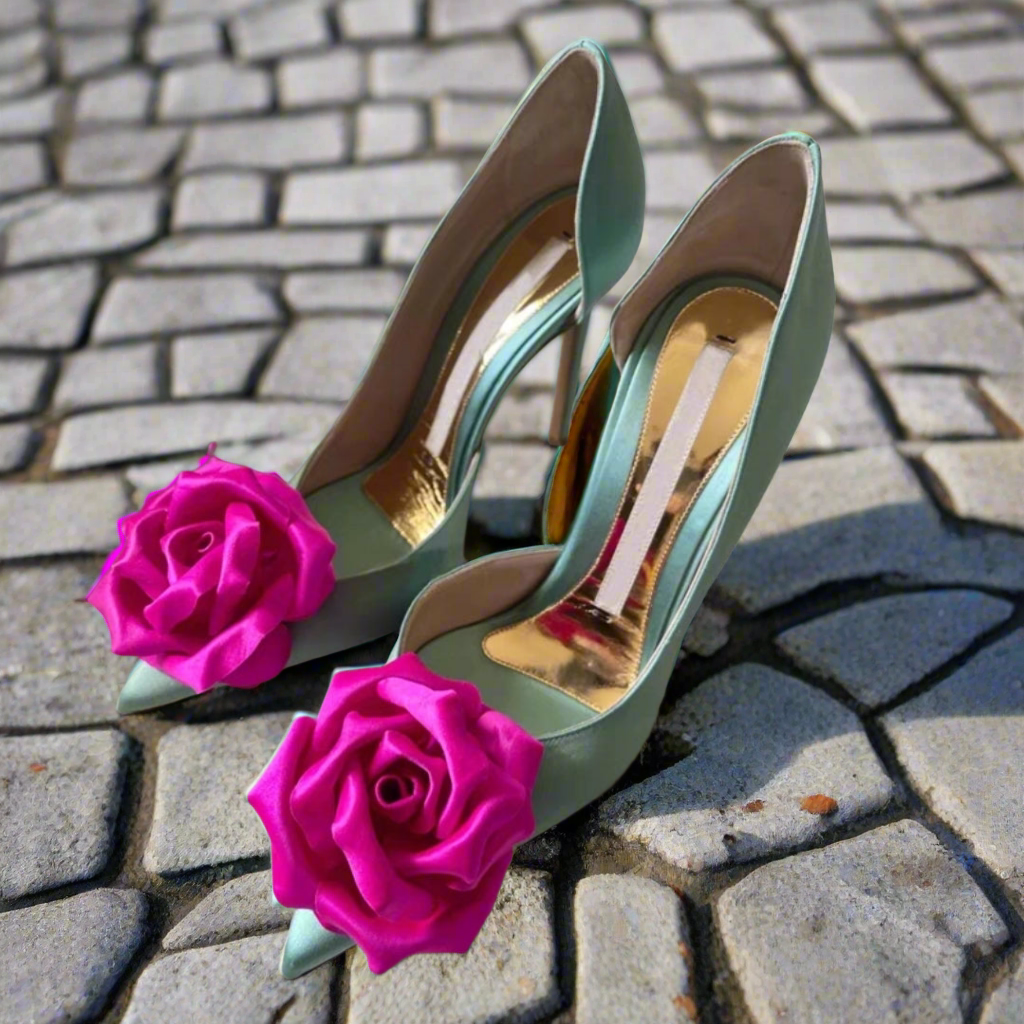 Talon satin fleur rose